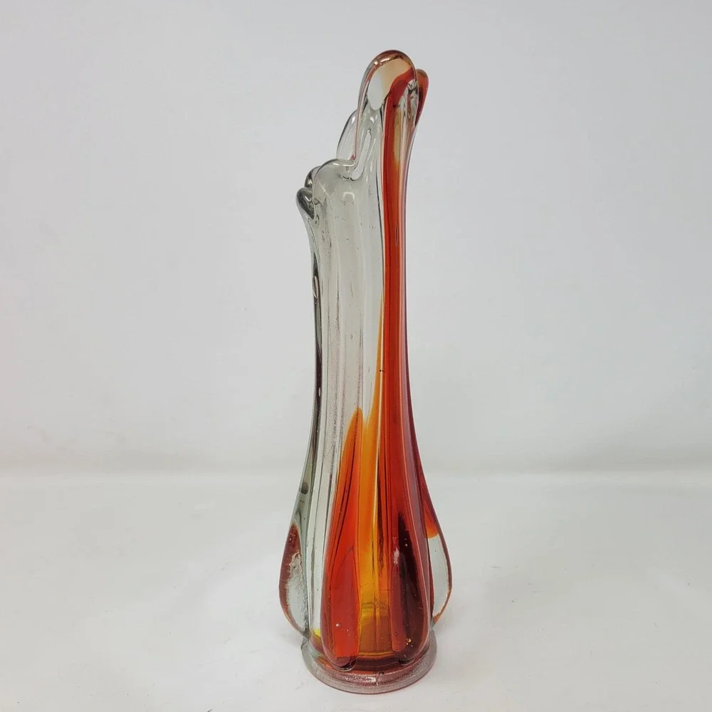 Vintage MCM Orange Amber Hand Blown Art Glass Swung Bud Vase 9.25in